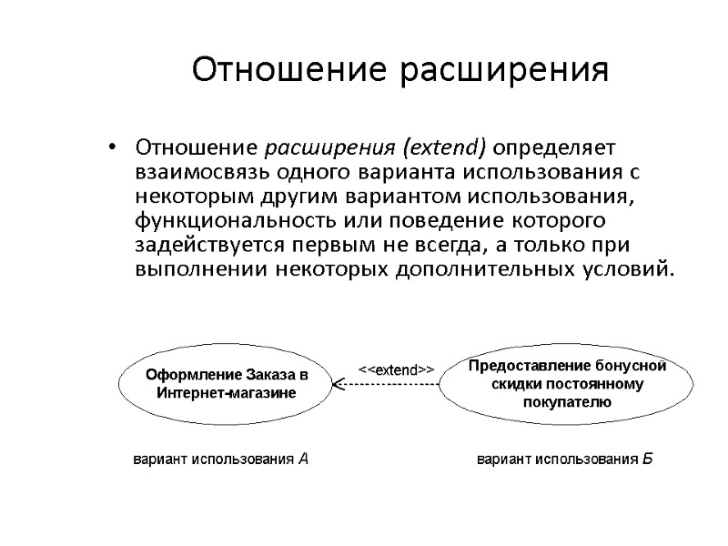 Отношение расширения  Отношение расширения (extend) определяет взаимосвязь одного варианта использования с некоторым другим